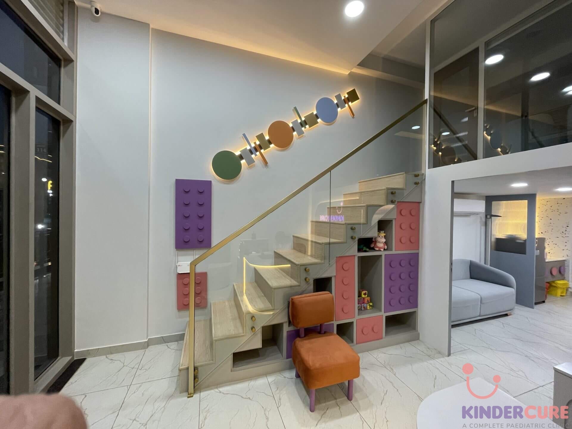 Interactive and colourful waiting area for children at KinderCure Clinic, showcasing kid-friendly designs